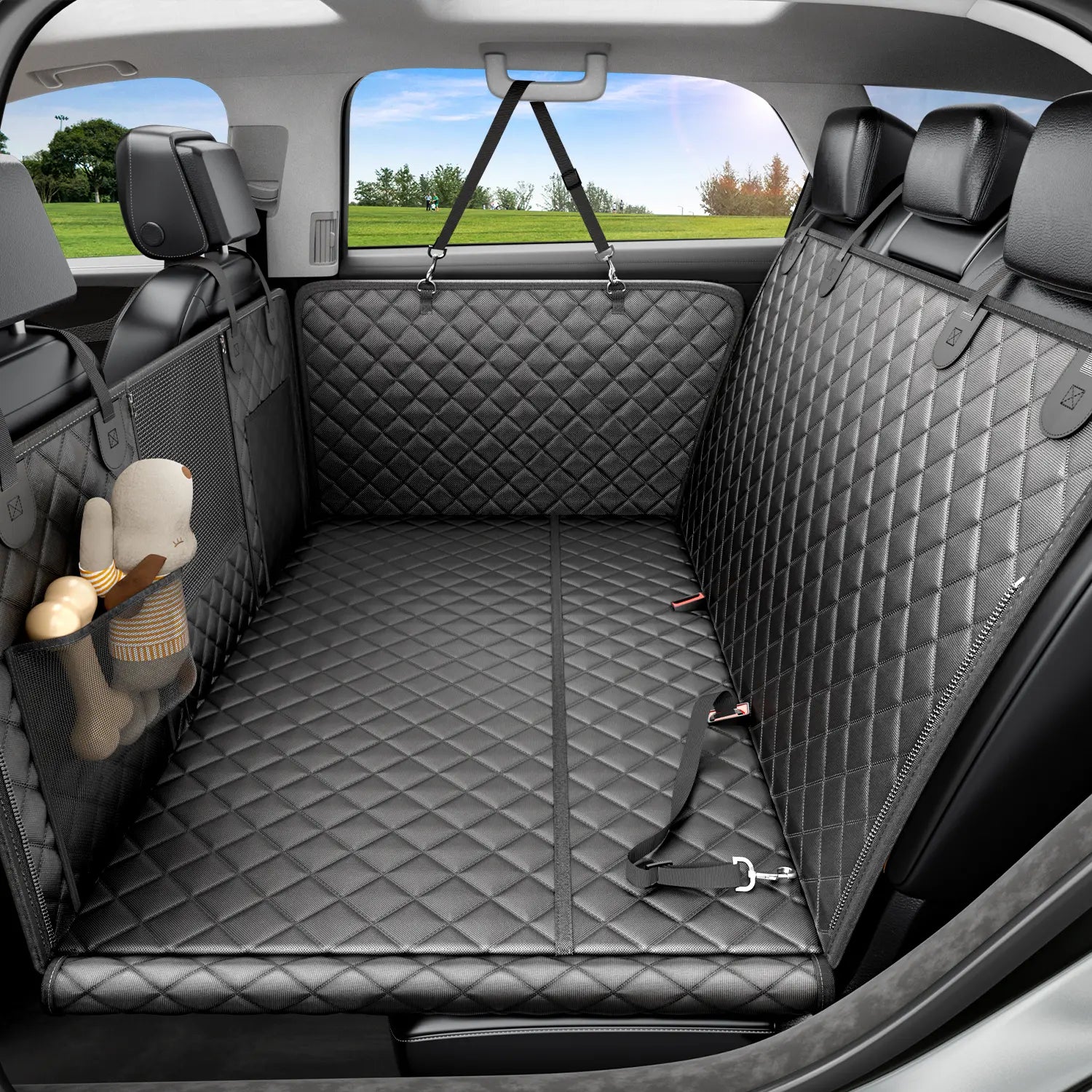 REEVAA Dog Seat Cover, Hard Bottom Back Seat Extender for Heavy-Duty Dogs, Dog Car Seat Cover with Cushion Sponge, Waterproof Dog Hammock with Mesh Window for Car, Universal Fits for Crew Cab Truck/Suv, Black